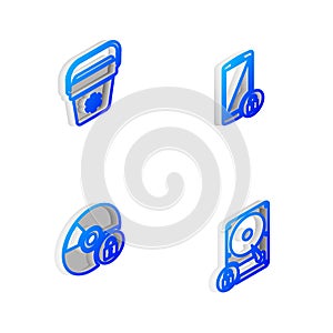 Set Isometric line Smartphone with lock, Cooler bag, CD or DVD disk and Hard drive and icon. Vector