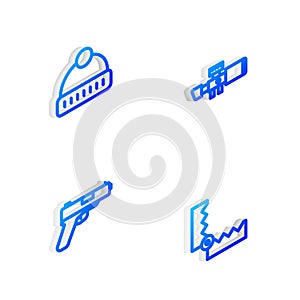 Set Isometric line Sniper optical sight, Winter hat, Pistol or gun and Trap hunting icon. Vector