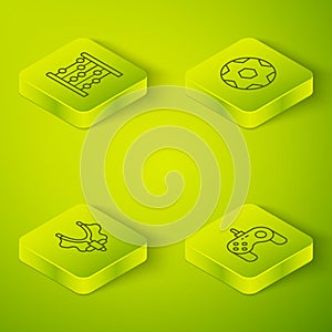 Set Isometric line Soccer football ball, Slingshot, Gamepad and Abacus icon. Vector