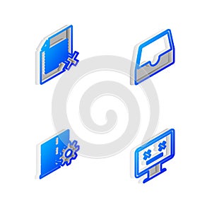 Set Isometric line Social media inbox, Delete file document, Server setting and Dead monitor icon. Vector