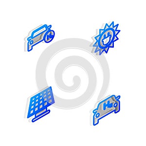 Set Isometric line Solar energy panel, Hydrogen car, and icon. Vector