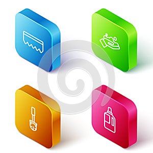 Set Isometric line Sponge with bubbles, Washing hands soap, Toilet brush and Fabric softener icon. Vector
