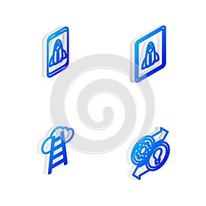 Set Isometric line Startup project concept, , Stair with finish flag and Human resources icon. Vector