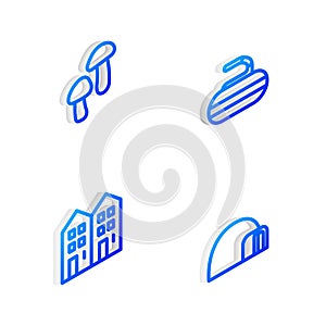 Set Isometric line Stone for curling, Mushroom, House and Igloo ice house icon. Vector