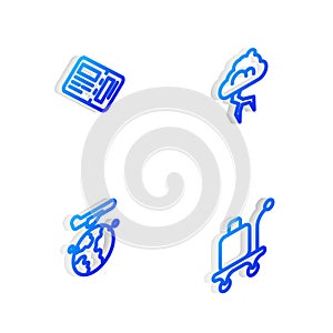 Set Isometric line Storm, Airline ticket, Globe with flying plane and Trolley baggage icon. Vector