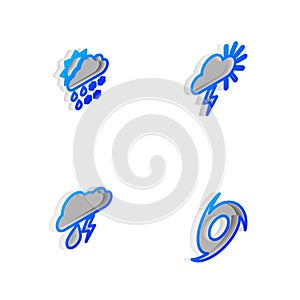 Set Isometric line Storm, Cloud with snow, rain, sun, and lightning and Tornado icon. Vector