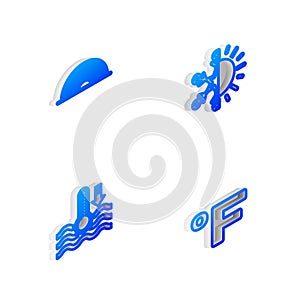 Set Isometric line Sun and snowflake, Rainbow, Water thermometer and Fahrenheit icon. Vector