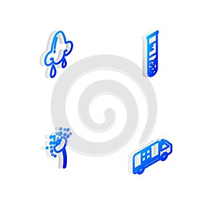 Set Isometric line Test tube and flask, Runny nose, Flower producing pollen and Emergency car icon. Vector