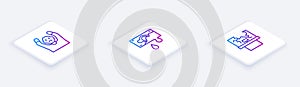 Set Isometric line Thief surrendering hands up, Bloody money and Broken window. White square button. Vector