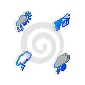 Set Isometric line Tornado swirl, Cloudy with rain and sun, Storm and snow lightning icon. Vector