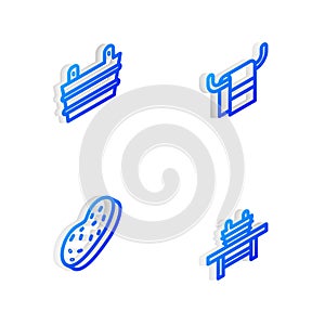 Set Isometric line Towel on a hanger, Sauna bucket, Bath sponge and bench with icon. Vector