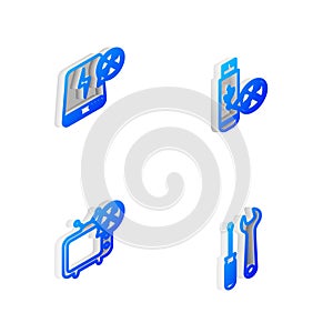 Set Isometric line USB flash drive service, Power bank, Tv and Screwdriver and wrench icon. Vector