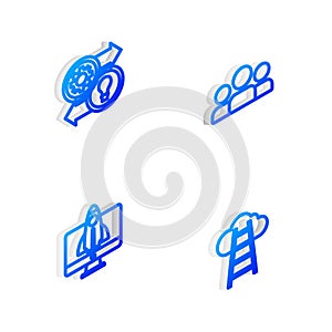 Set Isometric line Users group, Human resources, Startup project concept and Stair with finish flag icon. Vector