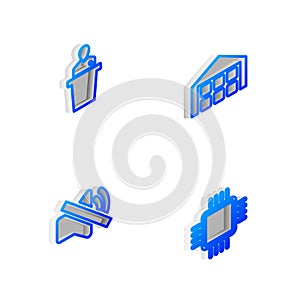 Set Isometric line Warehouse, Speaker, mute and Processor with CPU icon. Vector