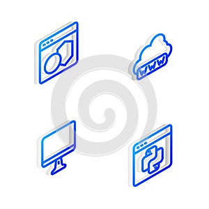 Set Isometric line Web development, Software, Computer monitor screen and Python programming language icon. Vector