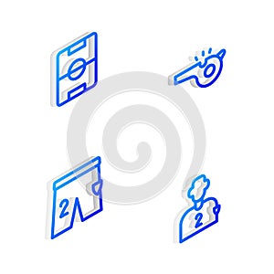 Set Isometric line Whistle, Football field, Shorts for playing football and soccer player icon. Vector