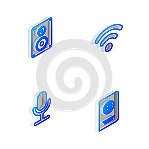 Set Isometric line Wi-Fi wireless network, Stereo speaker, Microphone and Passport icon. Vector