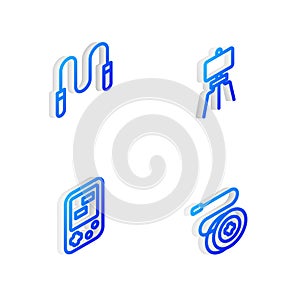 Set Isometric line Wood easel, Jump rope, Tetris electronic game and Yoyo toy icon. Vector