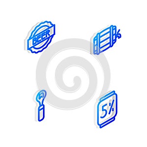 Set Isometric line Wooden barrel on rack, Bottle cap with beer, opener and Beer can icon. Vector
