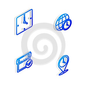 Set Isometric line World time, Clock, Calendar with check mark and Location clock icon. Vector