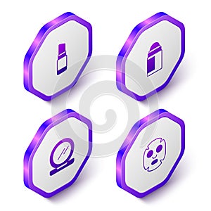 Set Isometric Lipstick, Deodorant roll, Makeup powder with mirror and Facial cosmetic mask icon. Purple hexagon button