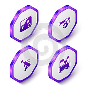 Set Isometric Location fishing, Fishing rod, harpoon and Diving mask icon. Purple hexagon button. Vector