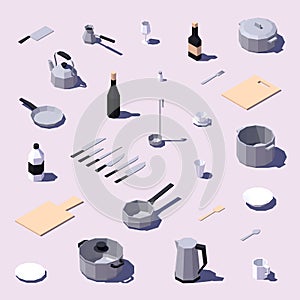 Set of isometric low poly kitchenware