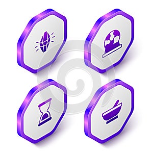 Set Isometric Magic stone, ball, Old hourglass and Witch cauldron icon. Purple hexagon button. Vector