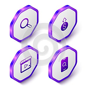 Set Isometric Magnifying glass, Financial growth dollar, Video advertising and and mobile icon. Purple hexagon button