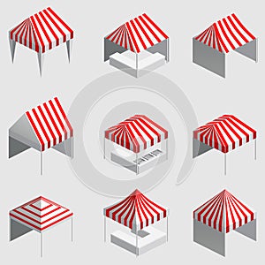 Set Isometric market stall, tent. Street awning canopy kiosk, counter, white red strings for fair, street food, market