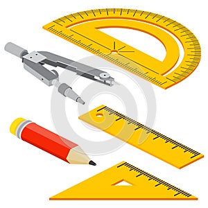 Set of Isometric measuring tools: rulers, triangles, protractor, pencil and pair of compasses . Vector school instruments isolated