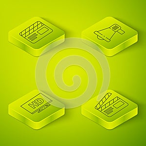 Set Isometric Megaphone, Smart display with HD video, Movie clapper and Movie clapper icon. Vector