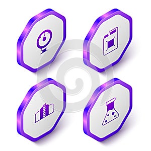 Set Isometric Motor gas gauge, Canister for gasoline, Oil tank storage and petrol test tube icon. Purple hexagon button