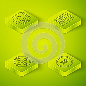 Set Isometric Movie clapper, Film reel, 3D word and Online play video icon. Vector