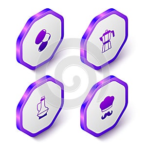 Set Isometric Olives, Coffee maker moca pot, Bottle olive oil and Italian cook icon. Purple hexagon button. Vector