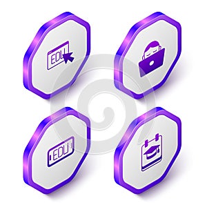 Set Isometric Online education, Student working laptop, and icon. Purple hexagon button. Vector