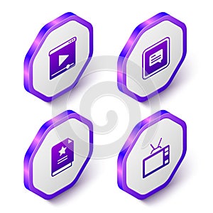 Set Isometric Online play video, Video with subtitles, Scenario and Retro tv icon. Purple hexagon button. Vector
