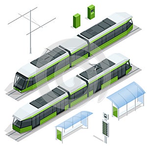 Set of isometric passenger Tram Train, Streetcar City Electric transport Streetcar Isolated on white Modern Urban