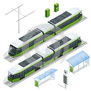 Set of isometric passenger Tram Train, Streetcar City Electric transport Streetcar Isolated on white Modern Urban photo