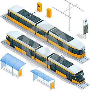 Set of isometric passenger Tram Train, Streetcar City Electric transport Streetcar on white Modern Urban