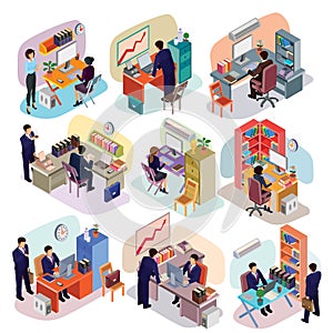 Set of isometric people in business suits in the office.