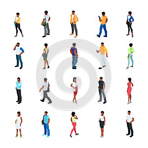 Set of isometric people with different skin color.