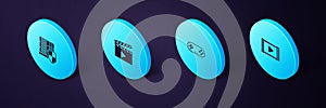 Set Isometric Play Video, Gamepad, Movie clapper and Server with shield icon. Vector