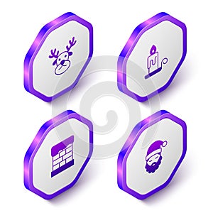 Set Isometric Reindeer, Burning candle, Christmas chimney and Santa Claus hat beard icon. Purple hexagon button. Vector