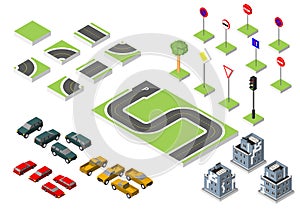 Set Isometric road and Vector Cars, Common road traffic regulatory, Building with a windows and air-conditioning. Vector illustrat
