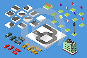 Set Isometric road and Vector Cars, Common road traffic regulatory, Building with a windows and air-conditioning. Vector illustrat