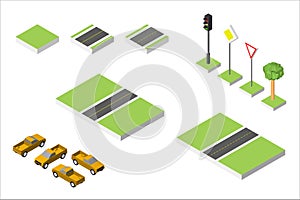 Set Isometric road and Vector Cars, Common road traffic regulatory. Vector illustration eps 10 isolated on white