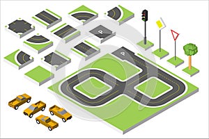 Set Isometric road and Vector Cars, Common road traffic regulatory. Vector illustration eps 10 isolated on white