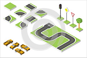 Set Isometric road and Vector Cars, Common road traffic regulatory. Vector illustration eps 10 isolated on white