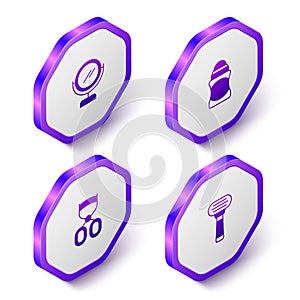 Set Isometric Round makeup mirror, Deodorant roll, Eyelash curler and Shaving razor icon. Purple hexagon button. Vector